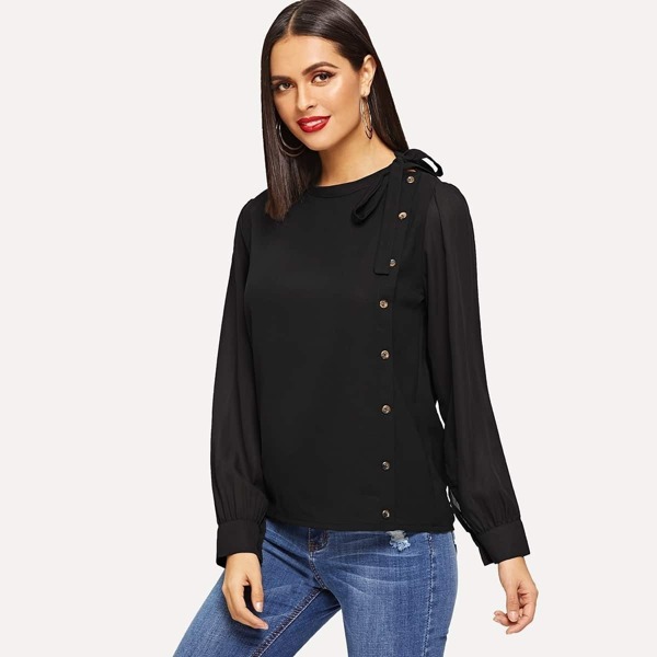 

Knotted Neckline Button Front Top