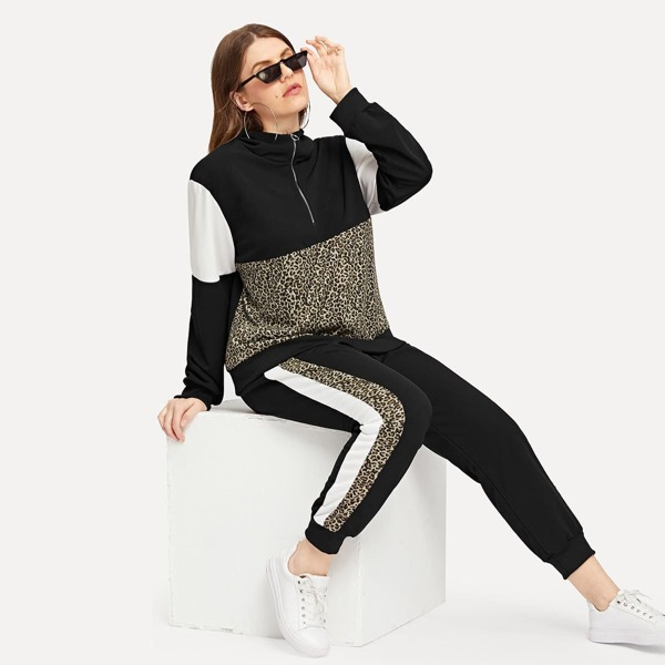 

Plus Leopard Print Half Placket Tee & Pants Set, Multicolor