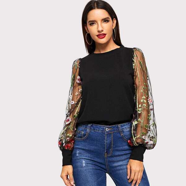 

Embroidered Flower Mesh Sleeve Top