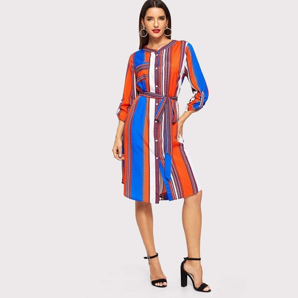 

Roll Tab Sleeve Striped Belted Shirt Dress