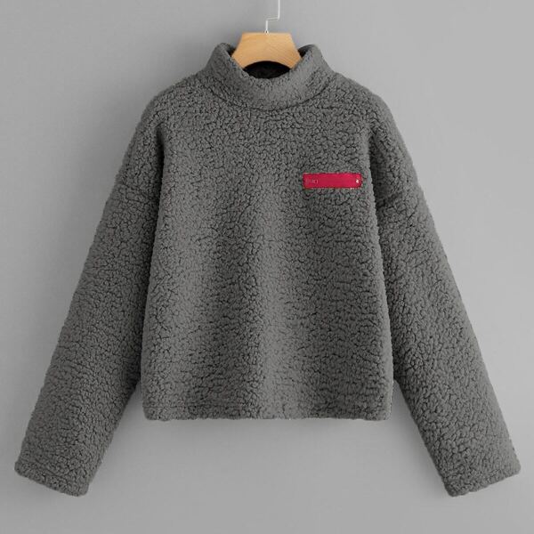 

Zip Front Mock-Neck Teddy Pullover