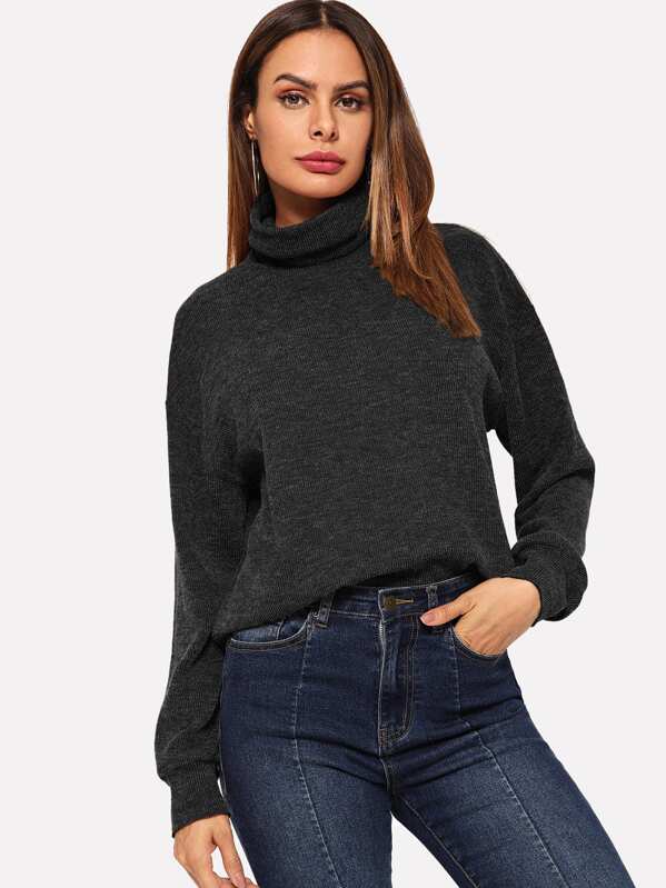 

High Neck Solid Pullover, Grey, Andy