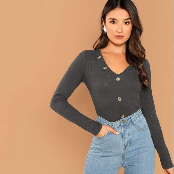 

Button Detail Rib Knit Tee