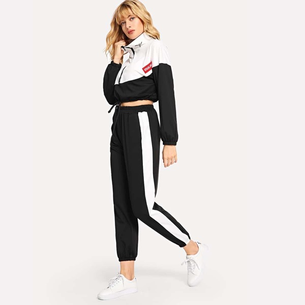 

Contrast Panel Drawstring Jacket With Striped Pants