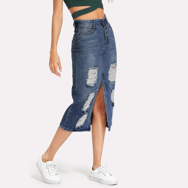 

Split Front Ripped Faded Denim Skirt