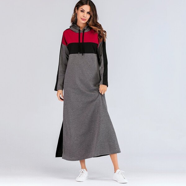 

Colorblock Split-side Drawstring Hooded Sweatshirt Dress