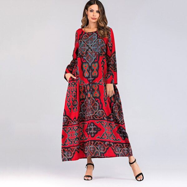 

Graphic Print Hidden Pocket Maxi Trapeze Dress, Multicolor