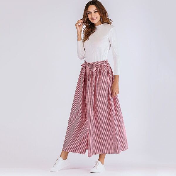 

Single Breasted Knot-front Gingham Skirt