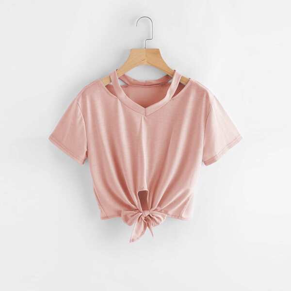 

Cut Out V Neckline Knot Front Tee
