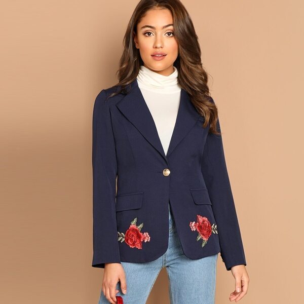 

Flower Applique One Button Fitted Blazer
