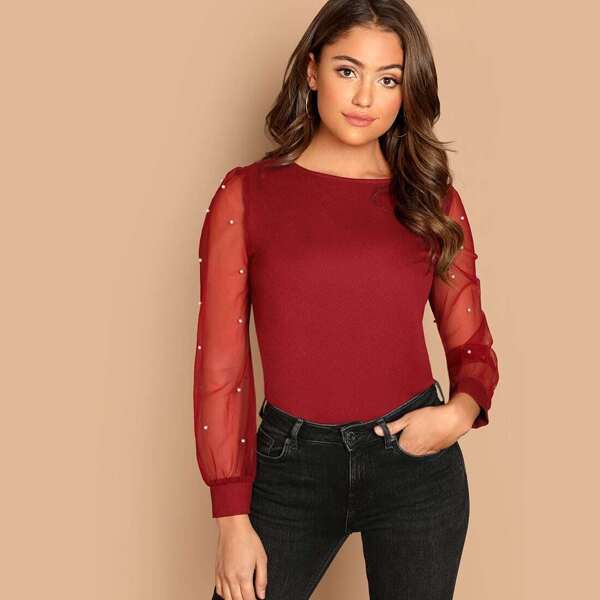 

Pearl Beaded Mesh Sleeve Top