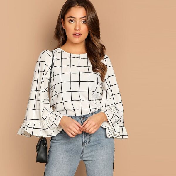 

Keyhole Back Bell Sleeve Ruffle Trim Top, White