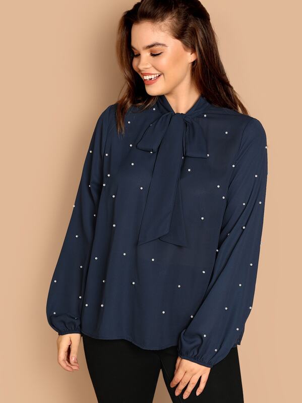 

Plus Tie Neck Pearl Embellished Top, Navy, Faith Bowman
