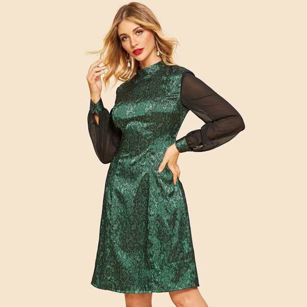 

Contrast Balloon Sleeve Jacquard Dress, Green