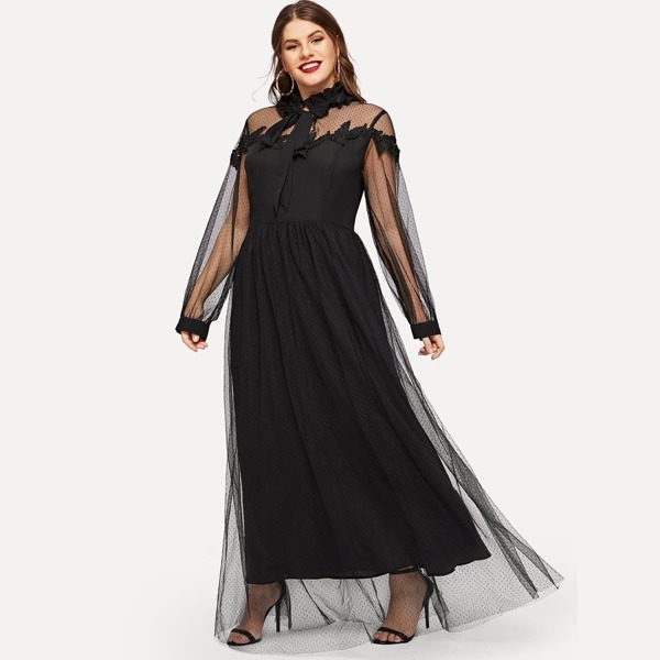 

Plus Tie Neck Lace Trim Mesh Overlay Dress