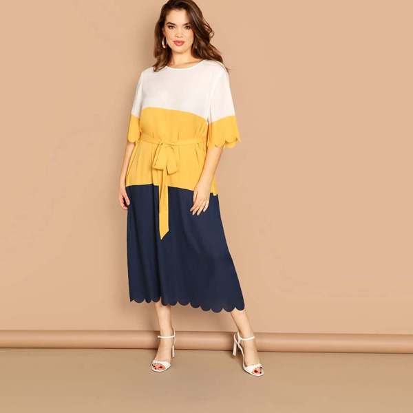 

Plus Scallop Trim Self Belted Colorblock Dress, Multicolor