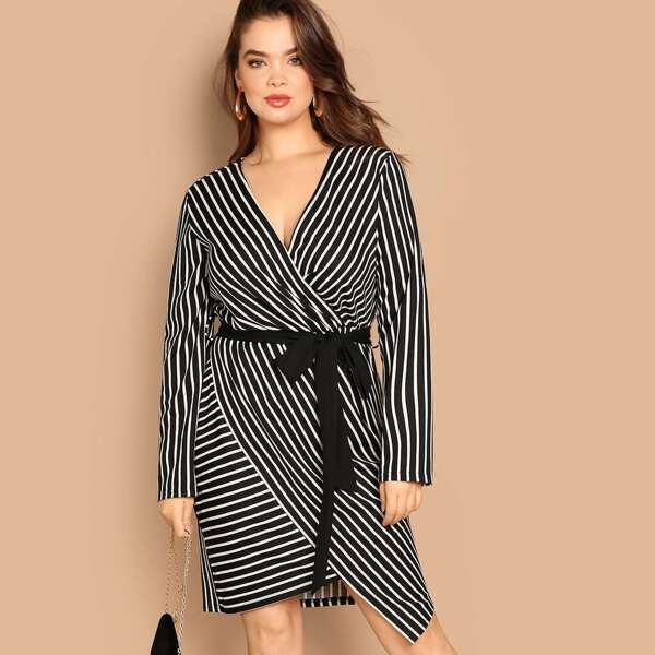 

Plus Tie Waist Surplice Wrap Striped Dress, Black and white