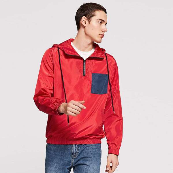 

Men Zip Half Placket Hooded Jacket
