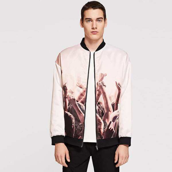 

Men Zip Up Figure Print Bomber Jacket, Multicolor