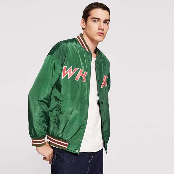 

Men Button & Pocket Front Letter Striped Jacket