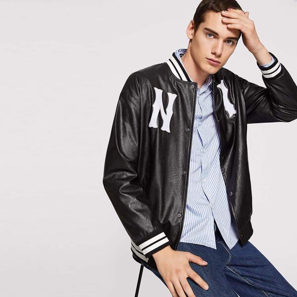 

Men Button Up PU Baseball Jacket, Black