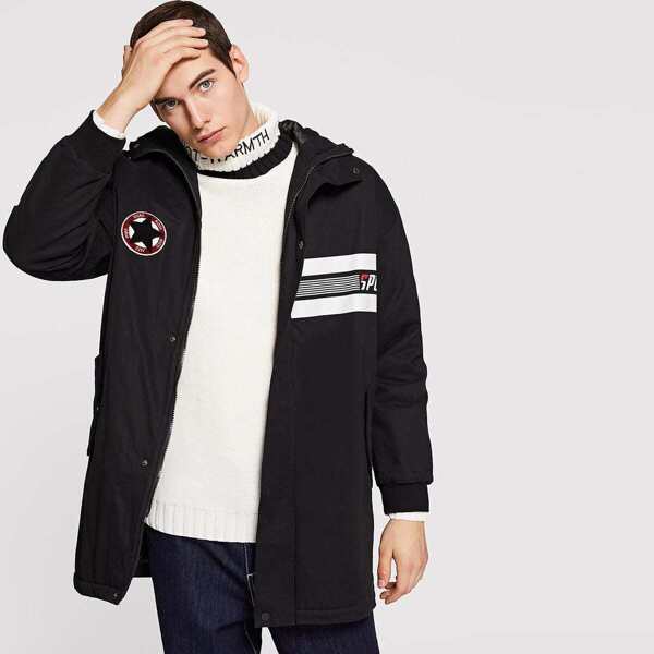 

Men Patch Detail Quilted Lined Hooded Parka Coat, Black