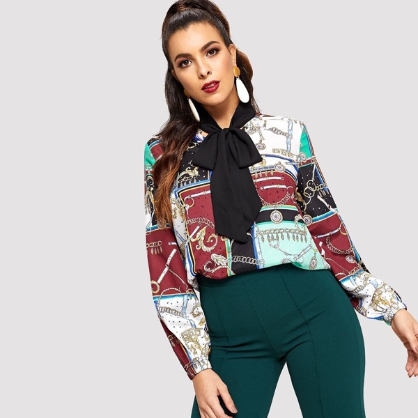 

Tie Neck Scarf Print Top