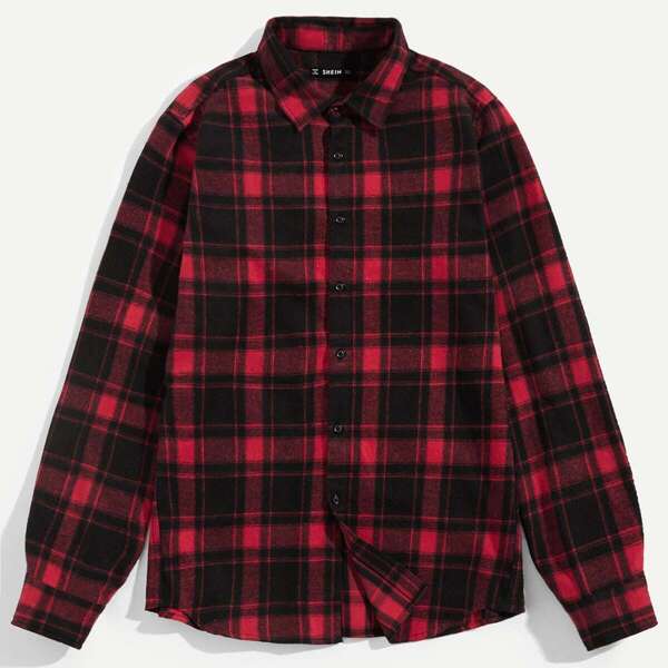 

Men Curved Hem Plaid Shirt