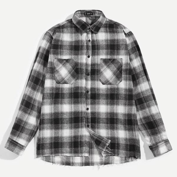 

Men Pocket Patched Plaid Print Shirt