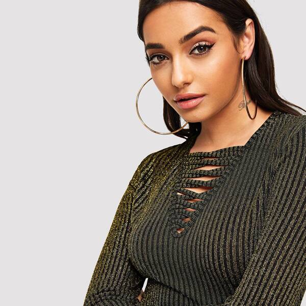 

Crisscross V Neck Ribbed Glitter Dress