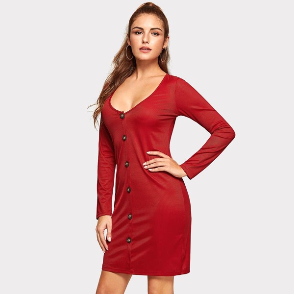 

Plunging Neck Single Breasted Dress, Red