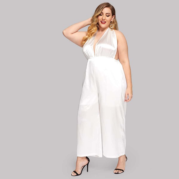 

Plus Deep V Neck Solid Halter Jumpsuit