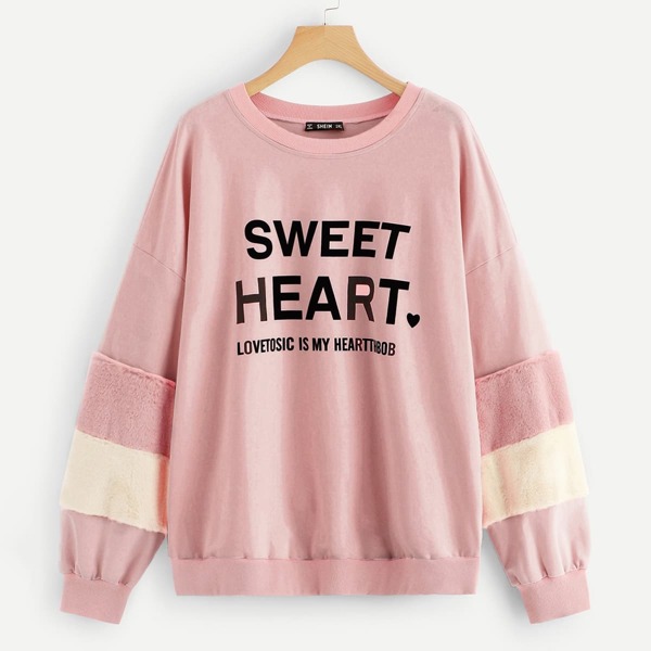 

Plus Faux Fur Contrast Letter Pullover