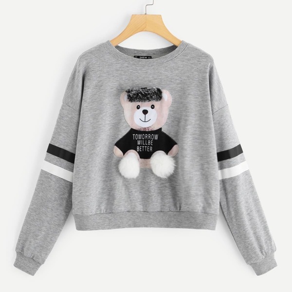 Bear Embroidered Pompom Detail Drop Shoulder Sweatshirt