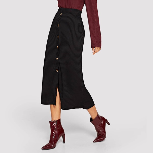

Button Front Rib Knit Pencil Skirt, Black