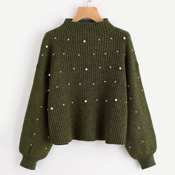 

Plus Funnel Neck Pearl Beading Ribbed Jumper