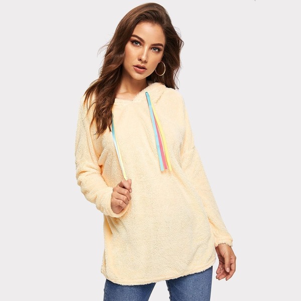 

Drop Shoulder Ribbon Drawstring Teddy Hoodie