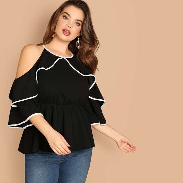 

Plus Contrast Binding Ruffle Top, Black