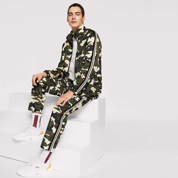 

Men Zip Front Camo Print Jacket & Pants Set, Multicolor