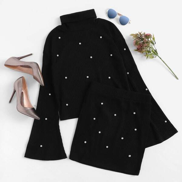 

Pearl Beading Bell Sleeve Top & Skirt Set
