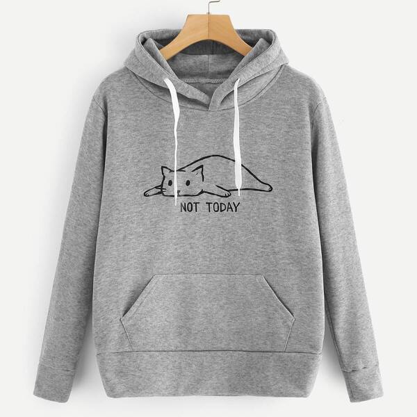 

Cat And Letter Print Hooded Sweatshirt