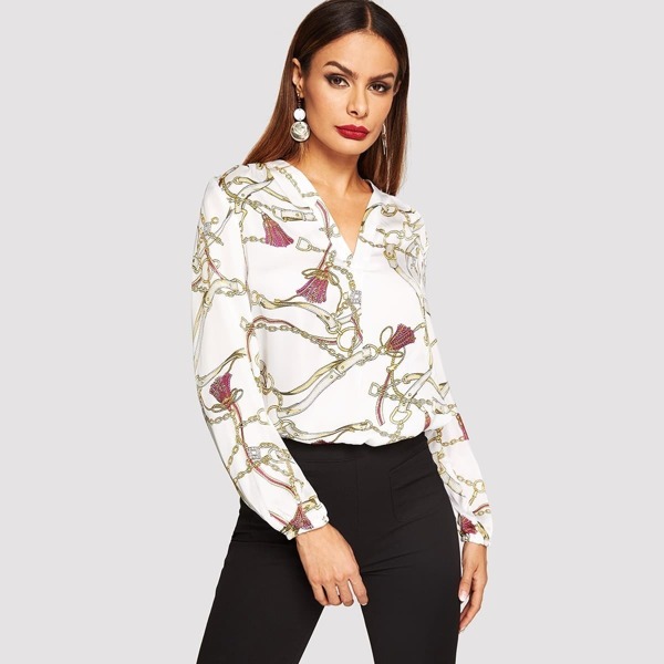 

V Neck Chain Print Top