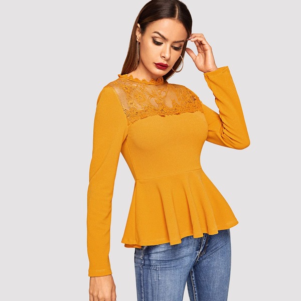 

Lace Mesh Insert Peplum Top
