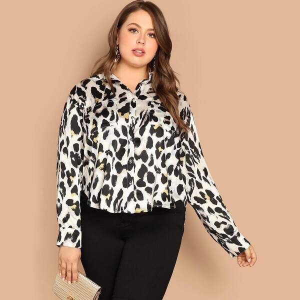 

Plus Pocket Patched Leopard Print Shirt, Multicolor