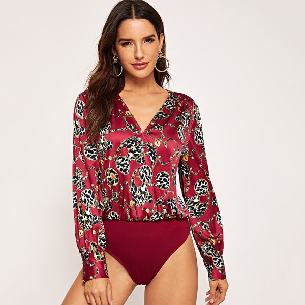 

Chain & Leopard Print Satin Wrap Blouse Bodysuit
