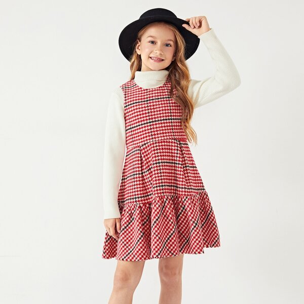 

Girls Zip Back Ruffle Hem Pleated Plaid Dress