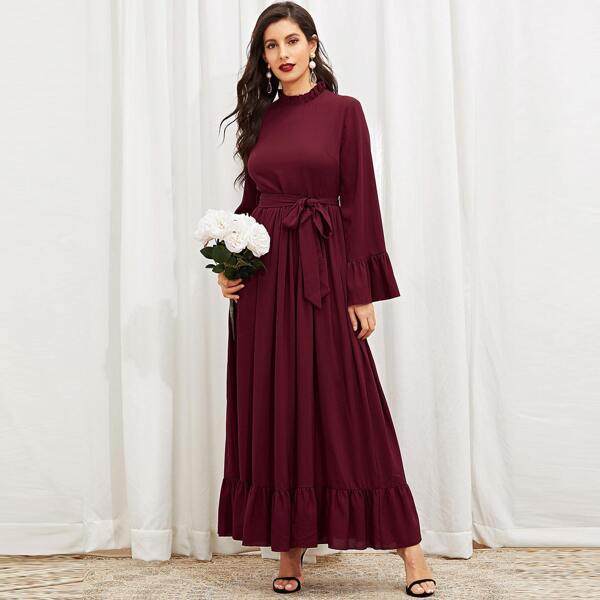 

Mock-Neck Ruffle Trim Hijab Dress, Burgundy