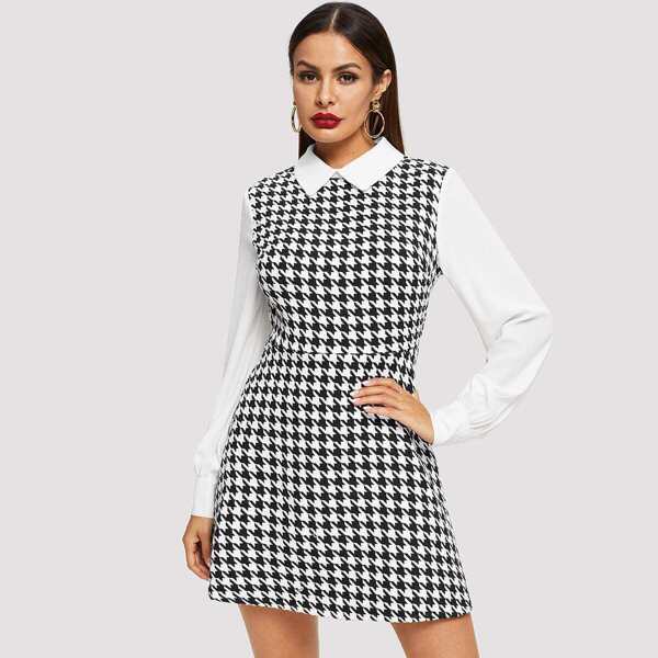 

Contrast Collar and Sleeve Houndstooth Tweed Dress