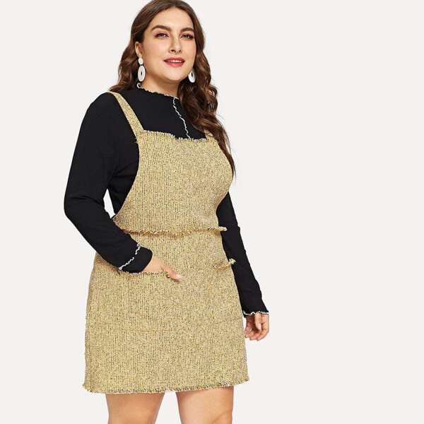 

Plus Frayed Trim Tweed Pinafore Dress