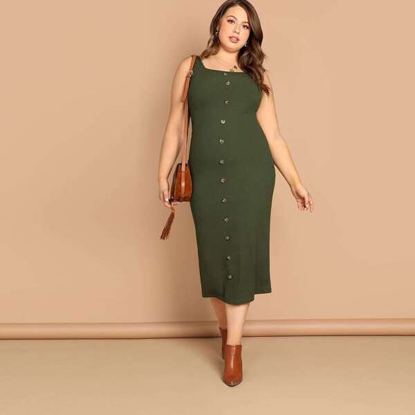 

Plus Button Front Rib Knit Bodycon Dress, Green